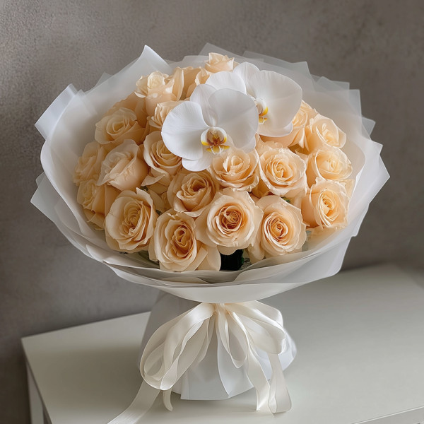 Celestial Grace – A Champagne Rose and Orchid Dream Wrapped in Whispered Light